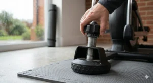 A hand adjusting a heavy duty floor stabiliser with a threaded metal shaft, designed to level the cross trainer on uneven British home flooring.