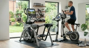 Close-up illustration of the digital console and adjustable resistance dial on a 2 in 1 hybrid elliptical bike.