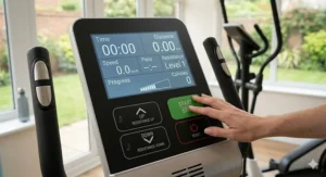 Close-up of a straightforward console on the easiest elliptical for complete beginners, featuring large, easy-to-read buttons and clear metrics.