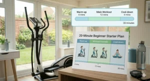 A visual 20-minute starter routine for those using the easiest elliptical for complete beginners, including warm-up and cool-down phases.