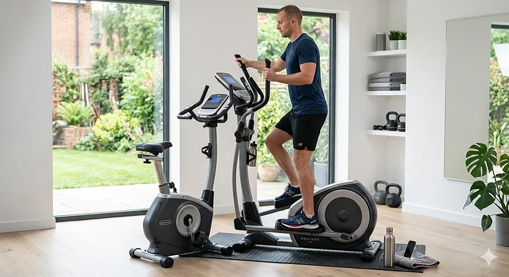 A person using a 2 in 1 elliptical bike combination in a modern UK home gym, showing the transition from a seated exercise bike to a standing cross trainer. 2 in 1 elliptical bike combination