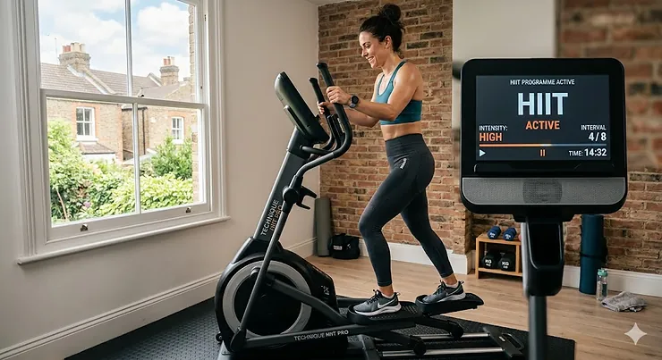 A person performing a high-intensity workout on a modern cross trainer with HIIT programmes displayed on the console in a British home setting. cross trainer with HIIT programmes