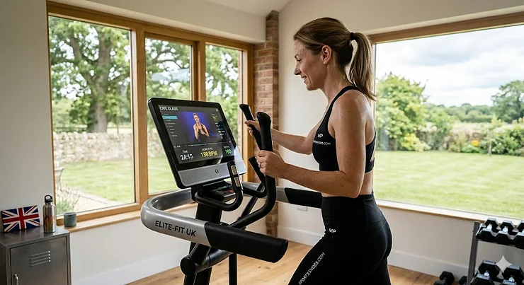 A person exercising on a high-end cross trainer with touchscreen display in a modern UK home gym. cross trainer with touchscreen