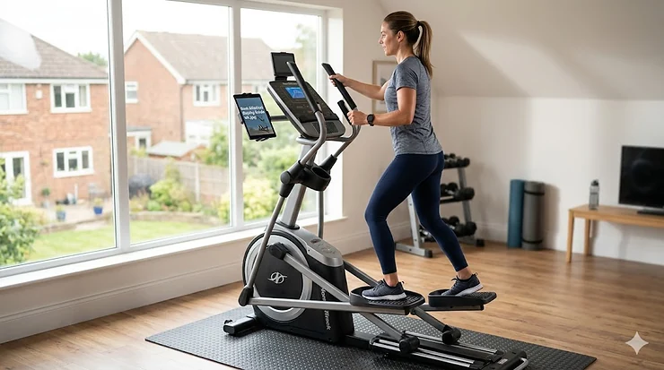 A comprehensive guide to choosing the best elliptical cross trainer for a UK home gym, featuring a modern machine in a bright living room. elliptical buying guide