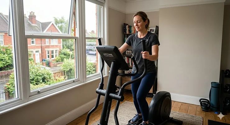 A high-end home cross trainer with a lifetime warranty, positioned in a bright UK home gym setting. lifetime warranty cross trainer