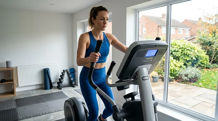 A high-end programmable cross trainer with a backlit console displayed in a modern British home gym. programmable cross trainer