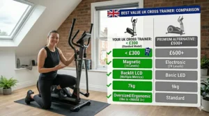 A comparison infographic showing how this standard cross trainer under £300 offers better value than premium UK models.