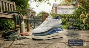 A photorealistic illustration presenting a technical cross-section of a classic cross trainer, revealing interior diagrams that highlight its breathable mesh lining, cushioned midsole, and durable support structures in natural daylight.