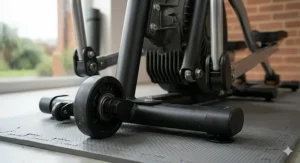 Robust polyurethane transport wheels and stabiliser base of a heavy duty cross trainer, allowing for easy movement within a home fitness space.