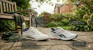 A photorealistic technical illustration presenting a breakdown of a classic cross trainer, featuring internal diagrams that highlight its anatomical footbed and central and lateral stability for optimal fit in natural daylight.