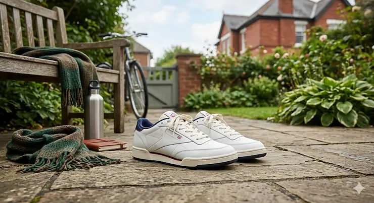 A pair of white classic cross trainers with navy trim on a traditional stone patio in a British garden, featuring red brick housing and a wooden bench in the background, captured in soft, natural daylight. classic cross trainers