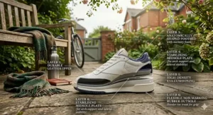 A photorealistic technical illustration presenting a cross-section of a classic cross trainer, revealing interior diagrams that highlight its advanced arch support and cushioned sole construction in natural light.