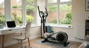 Illustration showing a compact cross trainer design that fits perfectly in a small UK spare room or home office setup.