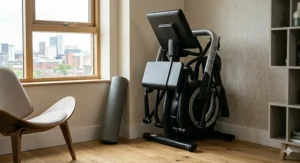 A compact, foldable cross trainer with a touchscreen console, ideal for smaller British flats and spare rooms.