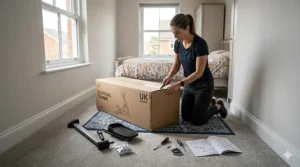 A woman unboxing a new elliptical trainer in a carpeted UK bedroom, showing the compact packaging and assembly tools.