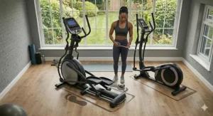 A photorealistic illustration capturing a top-down view of a front-drive and a rear-drive elliptical, with subtle illustrative footprint overlays comparing their floor area in a British home gym.