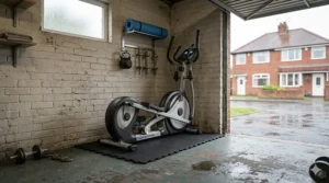 A compact light commercial elliptical trainer fitting perfectly within the space of a converted British garage gym.