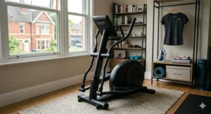 A compact, space-saving cross trainer with transport wheels, ideal for a British spare room or lounge.