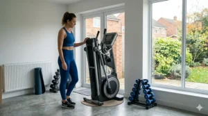 A compact, folding programmable cross trainer designed to fit into smaller UK living spaces or flats.