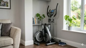 A compact and simple cross trainer for beginners designed to fit into small UK spare rooms or flats.
