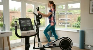 Illustration of a woman maintaining correct upright posture and core engagement on a cross trainer to prevent strain.