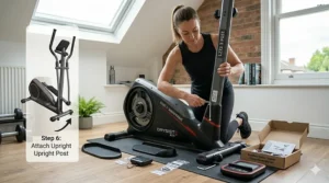 A woman assembling a cross trainer in a UK home, showing the clear step-by-step process and included tools.