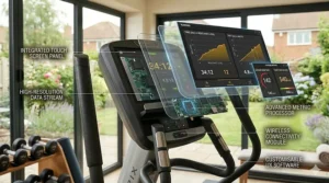A high-resolution view of a touch screen console displaying metric data, including kilometres and calories, on a premium cross trainer.