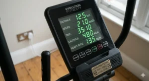 Digital fitness console displaying distance in kilometres and calories, powered by a standard UK mains plug.