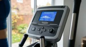 Close-up of a digital console on a programmable cross trainer showing various preset workout programmes and resistance levels.