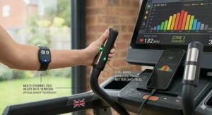 Alt text for image 5: Close-up of a user’s hands on cross trainer handlebars with integrated sensors and a wearable heart rate monitor for app syncing.