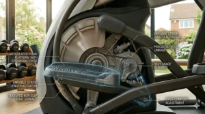 A photorealistic diagram highlighting the variable stride length actuator and ergonomic pedal platform for a comfortable workout.