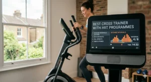 Close-up of a cross trainer digital console showing a 20-minute HIIT programme selection with interval intensity graphs.