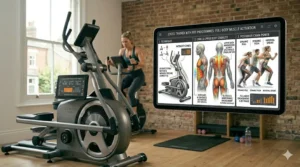 A digital infographic showing full-body muscle activation, including core and posterior chain, during a HIIT cross trainer programme.