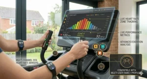 Alt text for image 9: A first-person view of a user monitoring live exertion analysis and heart rate zone tracking on a smart cross trainer display.