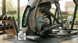 A technical illustration showing the multi-axis precision bearings and preload system used in the most reliable cross trainers.