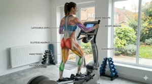 An anatomical illustration highlighting the leg and arm muscles worked when using a programmable cross trainer correctly.