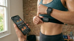 A user monitoring their heart rate via a chest strap and smartphone app during an intense HIIT cross trainer workout.