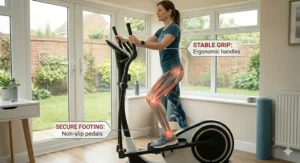 Demonstration of secure footing on non-slip pedals and stable ergonomic handles on a beginner-friendly cross trainer.