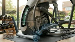A detailed shot of the stable base with industrial bearings and non-slip rubber padding designed for heavy-duty cross trainer use.