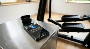 Illustration showing a cross trainer touchscreen syncing with a smartphone and wireless headphones via Bluetooth.