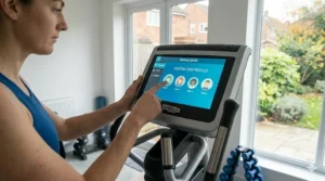 An interface illustration showing how to set up multiple user profiles on a programmable cross trainer for family use.