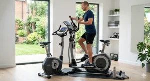 Illustration of the dual-action mechanism on a 2 in 1 elliptical bike combination, highlighting the smooth switch between cycling and cross-training modes.