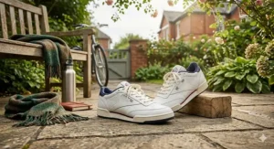 A photorealistic close-up illustration of classic white leather cross trainers, highlighting the durable materials and intricate stitching in natural British daylight.