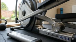 Close-up of the heavy-duty steel frame and professional welding on a light commercial elliptical designed for long-term home studio use.