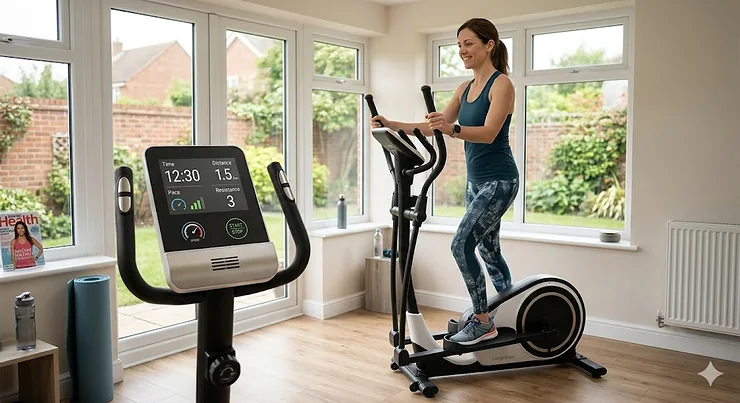 A person comfortably using a user-friendly cross trainer in a modern UK living room, highlighting the easiest elliptical for complete beginners with a simple interface. easiest elliptical for complete beginners