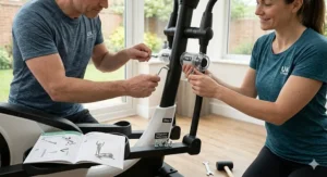 Two people following a simple step-by-step assembly guide for the easiest elliptical for complete beginners in a British home.