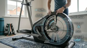 A detailed cutaway illustration of a cross trainer's internal belt drive system, magnetic resistance, and flywheel.
