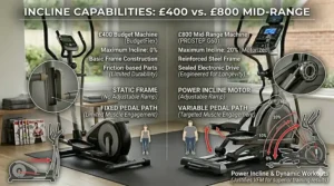 Comparison of an adjustable power incline feature on high-end models versus a fixed-level ramp on budget trainers.