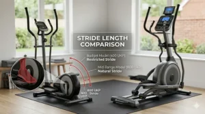 Diagram showing the restricted 14-inch stride on a £400 model versus a natural 20-inch stride on an £800 elliptical.