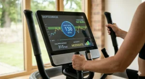 A digital interface on a cross trainer monitor showing real-time heart rate zones and calorie burn tracking.